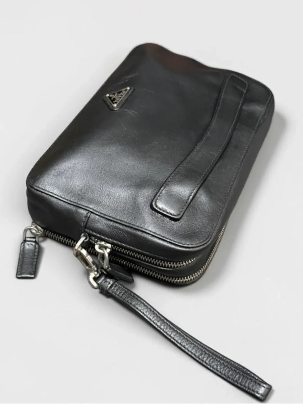 Prada Black Leather Double Zip Clutch Tavel Organizer